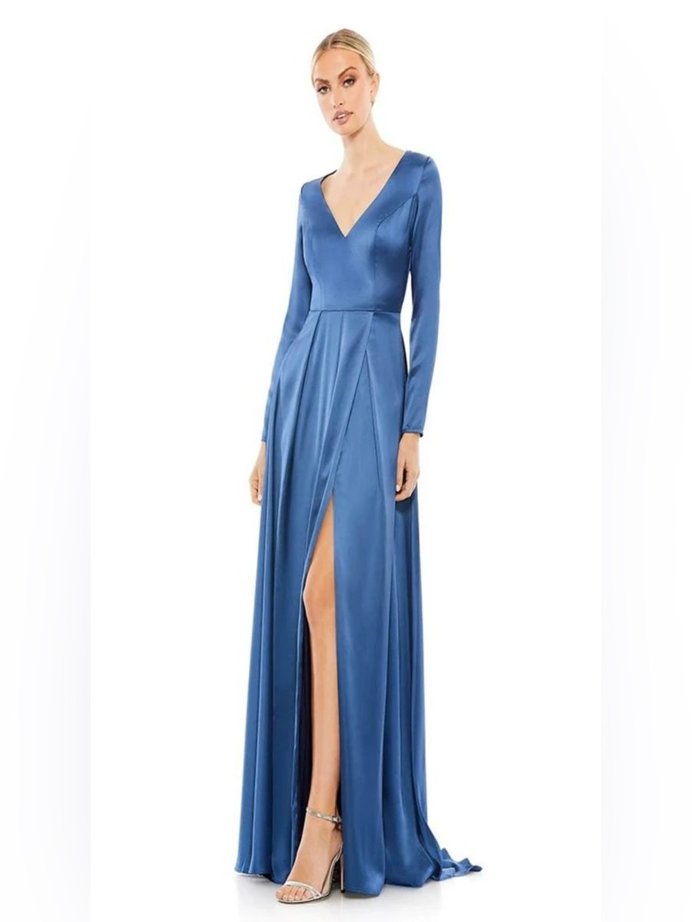 Mac Duggal Elegant Blue Long Sleeve V-Neck Satin Evening Dress